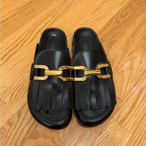Zara Black Leather Mules with Gold Chain Detail